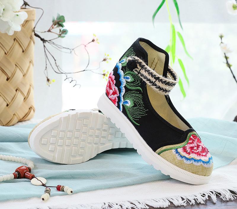 Big white sole, high heels, single shoes, spring mother shoes embroidered cloth shoes women's shoes, ethnic style leisure shoes