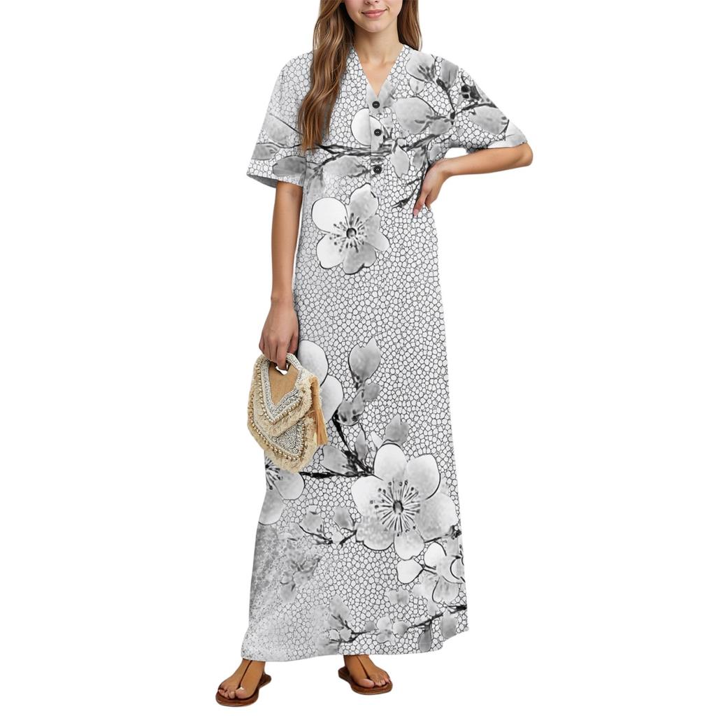 Women's Fashion Printed Nightgown Home Clothes Short Sleeve Nightgown With Pockets Long Dress