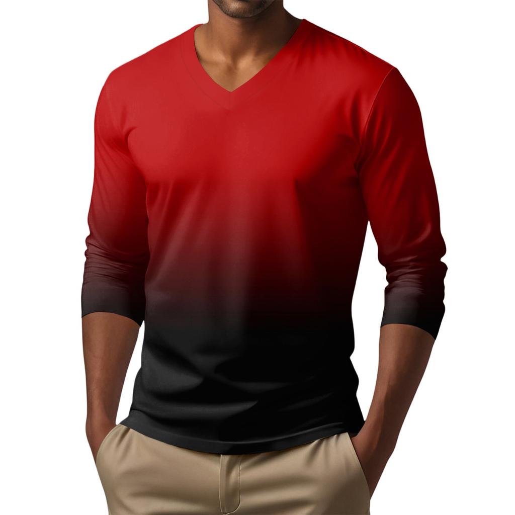 Men's V-neck Casual Fashion Printed Long-sleeved T-shirt Top