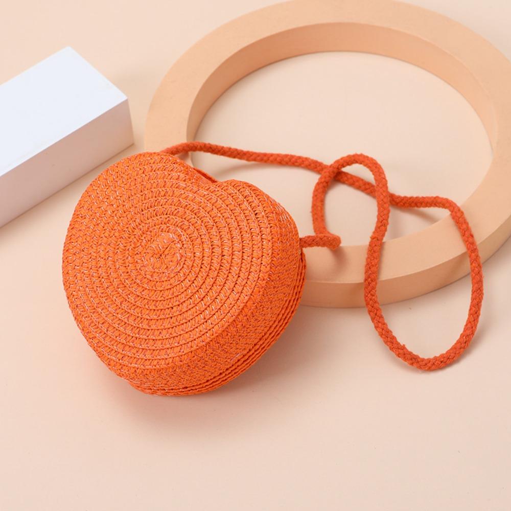 

High Quality Woven Straw Shoulder Bags Cute Travel Crossbody Bag Lightweight Heart Shape Beach Bag for Children оранжевый