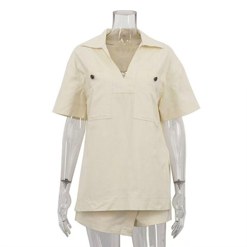 

Western Style New Fashion Lapel Short sleeve Shirts Shorts Set Shirt and Shorts Suit Set Beige M