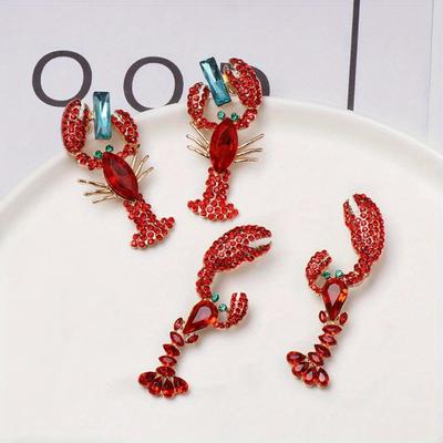 1 Pair Red Rhinestone Lobster Earrings Alloy Shiny Crayfish Dangler for Women Fashion Personality Drop Earrings Crystal Earrings
