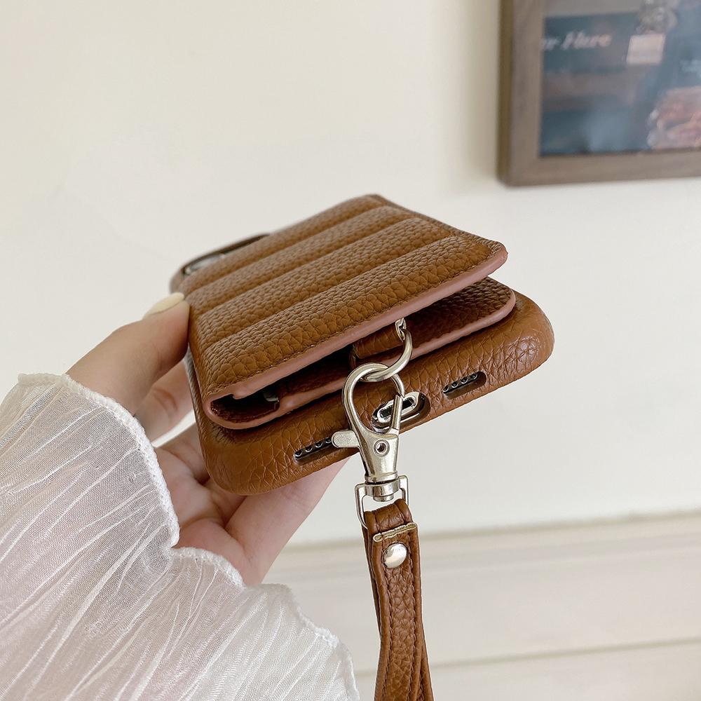 For iPhone 15 Pro Case Card Slots Kickstand PU Leather+PET Phone Cover with Wrist Strap