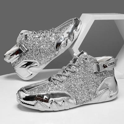 Pantofi Casual de Toamnă din Piele pentru Bărbați la Modă, Adidași Argintii cu Paiete, Pantofi cu Top Înalt pentru Bărbați Femei, Adidași pentru Bărbați la Modă cu Înălțime