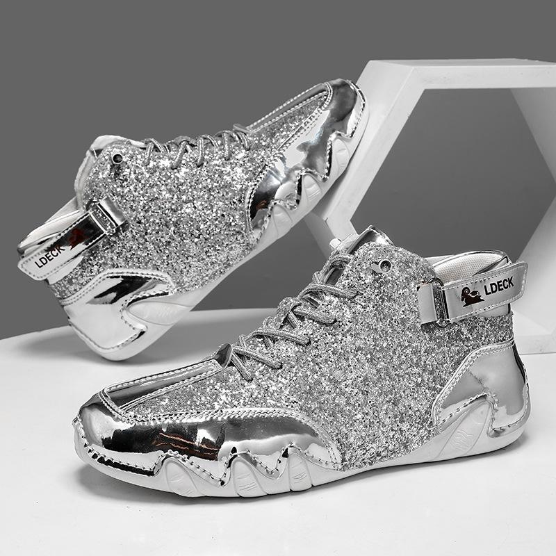 Fashion Men's Autumn Leather Casual Shoes Sequin Silver Sneakers Man High Top Shoes for Men Women Fashion Height-raising Men Sneakers