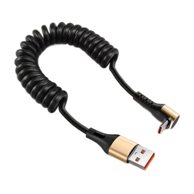 25cm Coiled USB C Cable 66W Fast Speed Charging Angled Connector Spring Retractable Cord for Mobile Devices