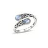 Sterling Silver Open Ring Adjustable Band with Two Teardrop Shaped Gemstones and Intricate Floral Engraving Design for Women