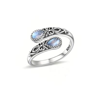 Sterling Silver Open Ring Adjustable Band with Two Teardrop Shaped Gemstones and Intricate Floral Engraving Design for Women