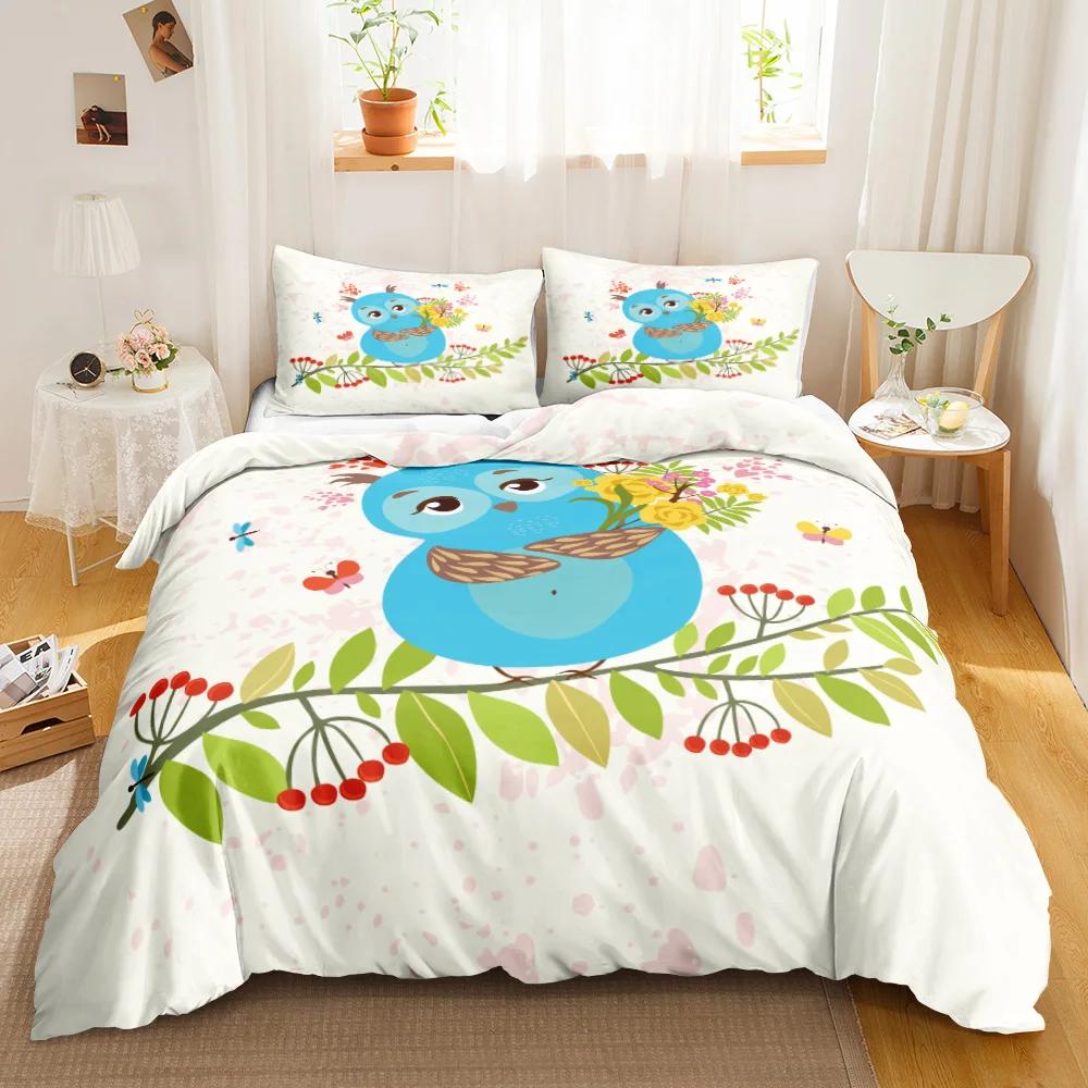 Owl Duvet Cover Set Cartoon Comforter Cover Happy Birthday Theme Bedding Set Cute Bird Polyester Quilt Cover Twin Size For Kids