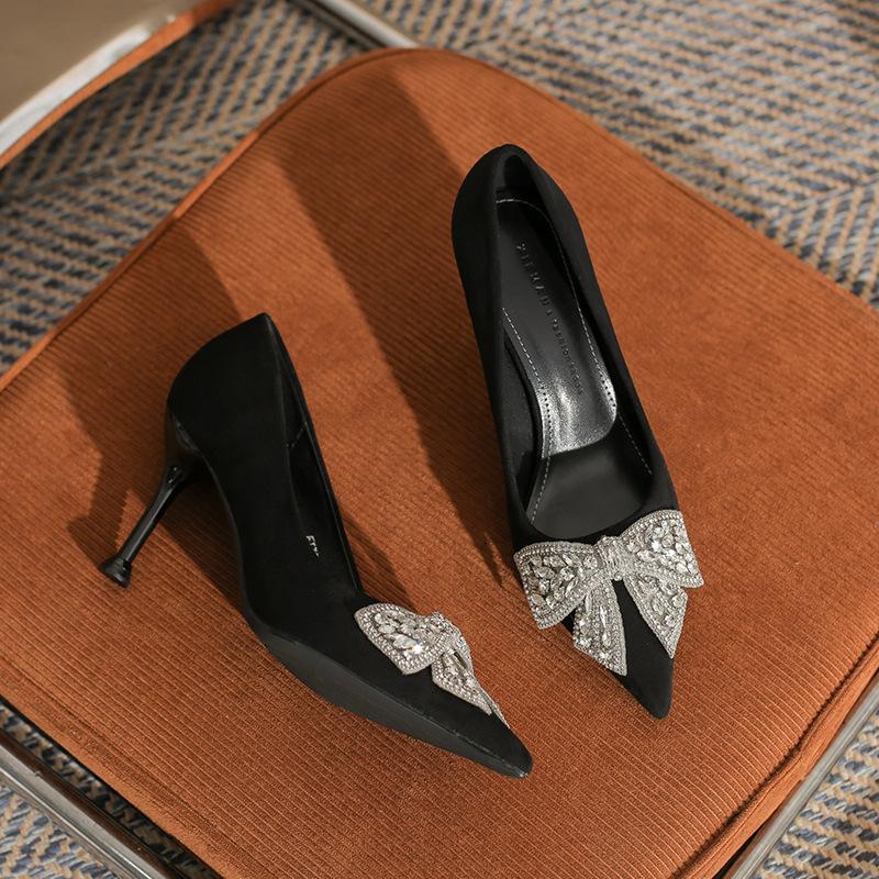 

B Fashion Versatile Premium Black Fleece High Heel Pointed Thin Heel Women s Single Shoes Commuter cm 42 [Spot]