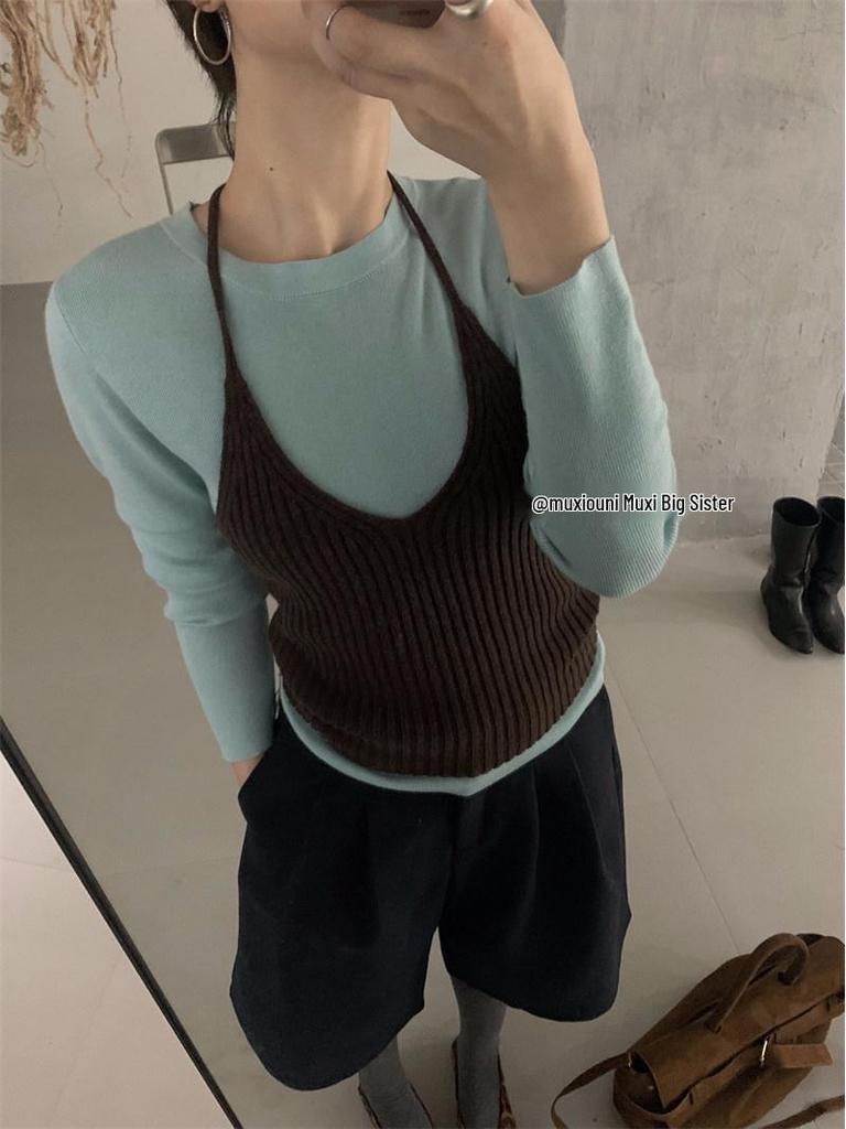 Korean-Style Ribbed Halter Knit Vest for Women - Petite Autumn Layering Top