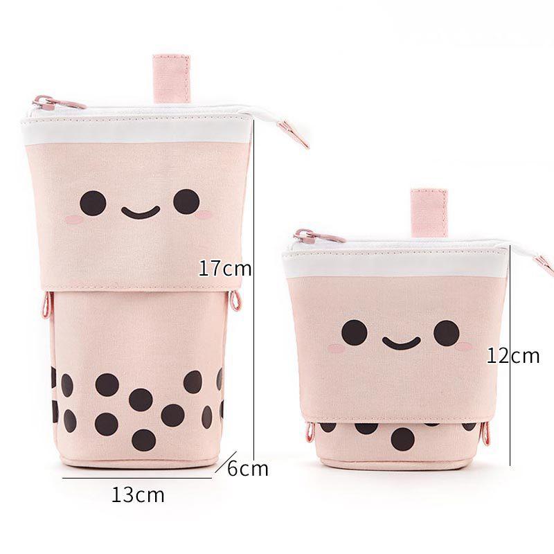 Telescopic Pen Bag Pencil Storage Holder Cute Boba Milk Tea Makeup Brush Stand Portable Stationery Case Home Organization Pouch