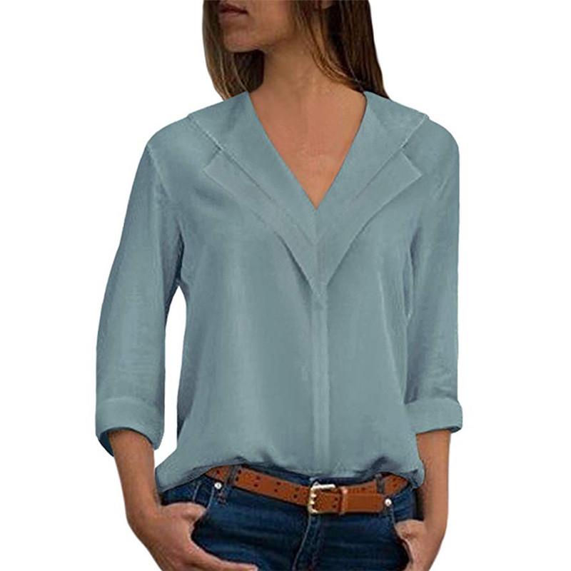 SCIONE Blouse Long Sleeve Autumn Women Shirt V-neck Female Tops Solid Shirt Lady Blouse Shirt