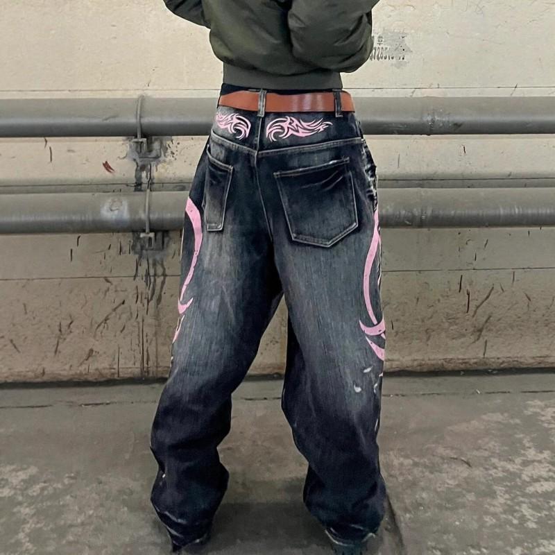 Jaded London Vintage Amerikanischer Print Gewaschene Jeans mit weitem Bein Hohe Taille Lockere Passform Damen