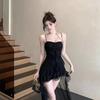 Pure Desire Sexy Black Suspender Dress Women's Summer Irregular and Thin Short Skirt Niche Waist Ruffle Edge Skirt