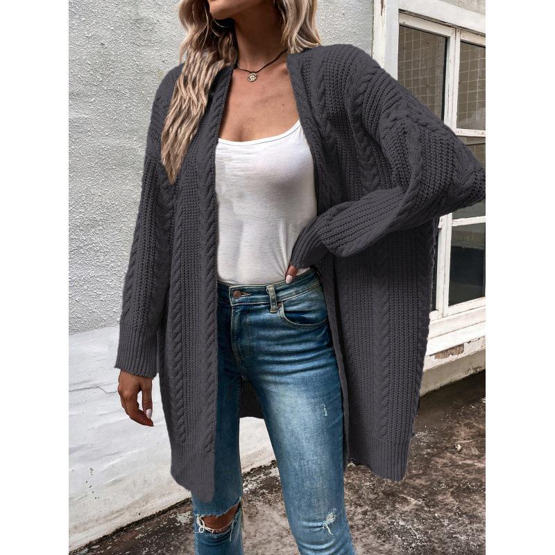 European Women's Cable Knit V-Neck Cardigan - Solid Color, Loose Fit, Long Knitwear.