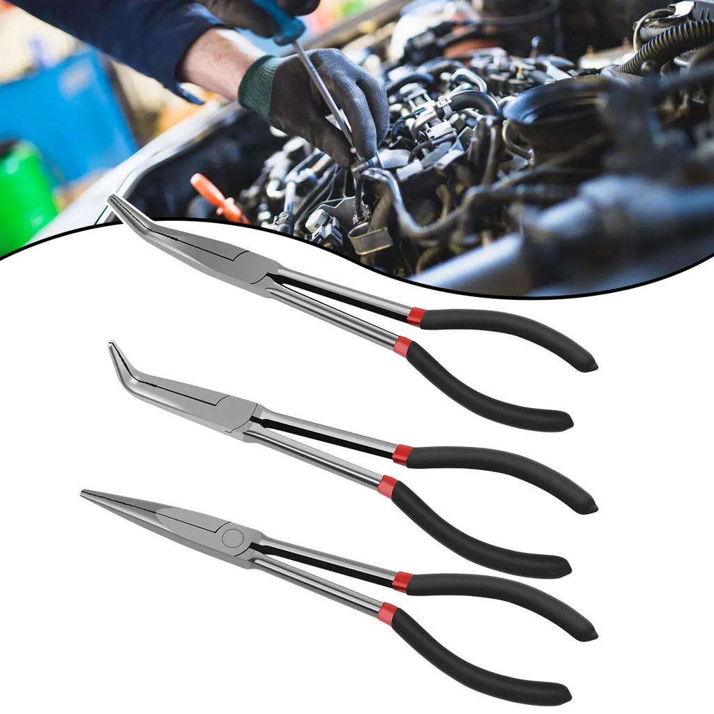 3Pcs Needle Nose Pliers Set 11 Inch Carbon Steel Long Reach Pliers Non-slip Straight Bent Nose Pliers O-Shaped Circle Pliers