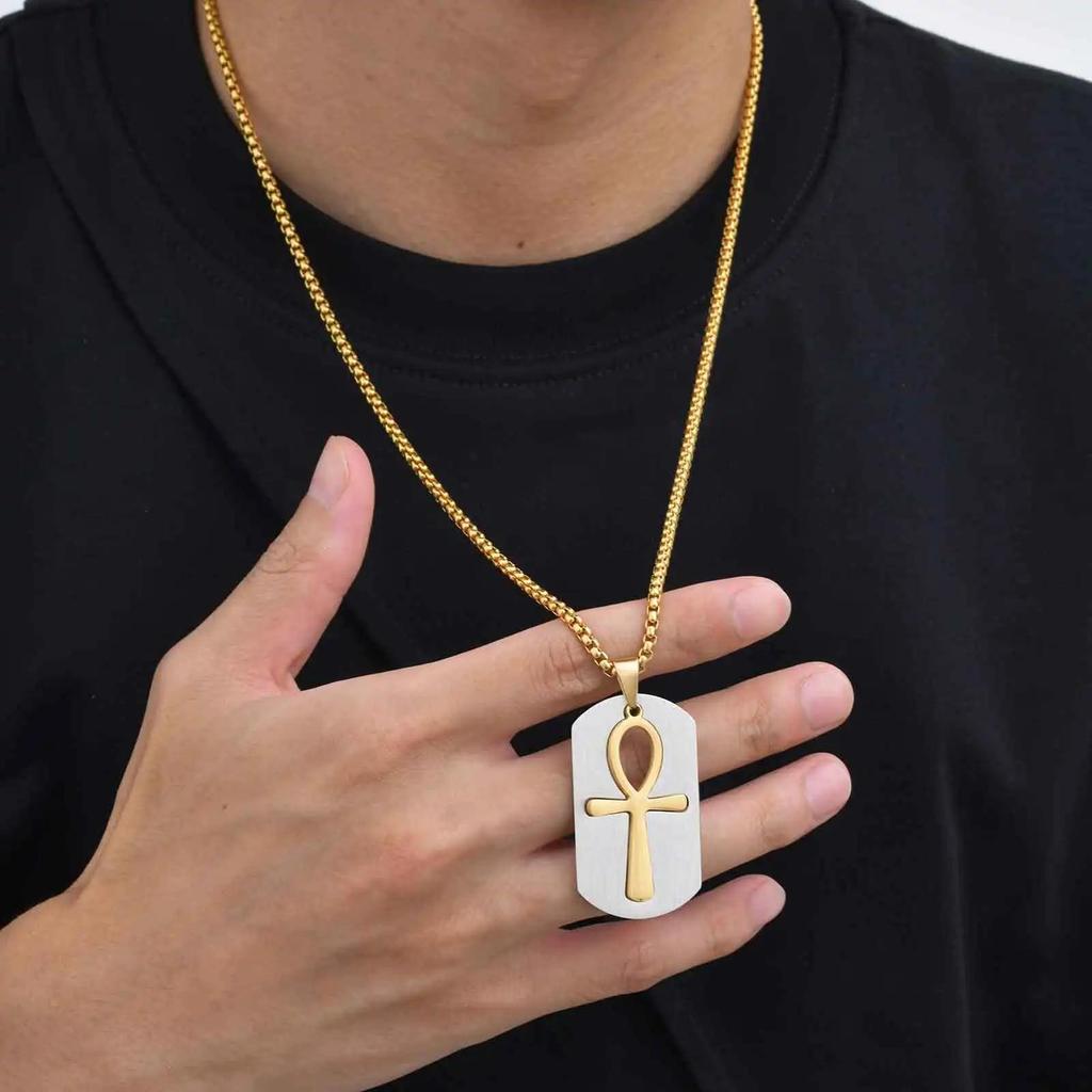 Dog Tag Pendant Necklace Ancient Egypt Egyptian Symbol Ankh Eternal Life Cross Key Life Amulet Talisman Protect Health Jewelry Charming Accessories
