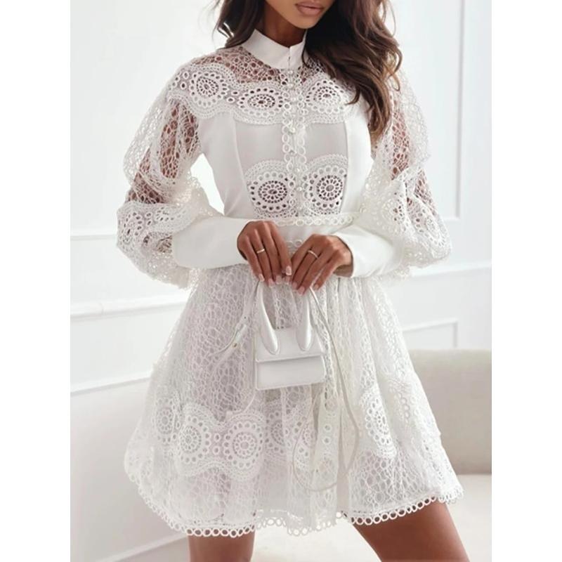 Spring Summer Women Solid O-Neck Mini Dress Loungewear Fashion Hollow Out Lantern Sleeve Ladies Party Dress Streetwear Vestidos