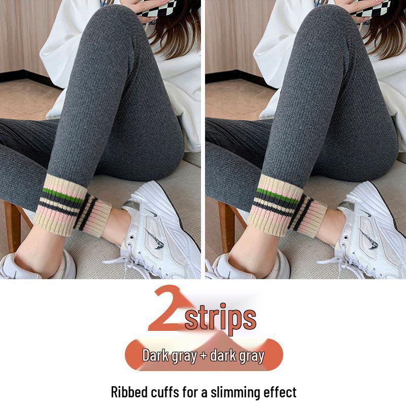 Women's Fleece-Lined High-Waist Leggings: New Autumn/Winter Style with Ribbed Ankle Cuffs, Slim Leg, and Warm Thread for Outdoor Wear.