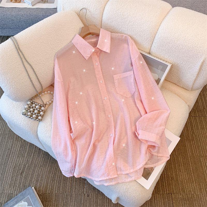 

Весна Лето Новая Однотонная Рубашка Женская Воротник ПОЛО Длинный Рукав Модный Кардиган Элегантная Пуговичная Лоскутная Шикарная Топ со Стразами S розовый