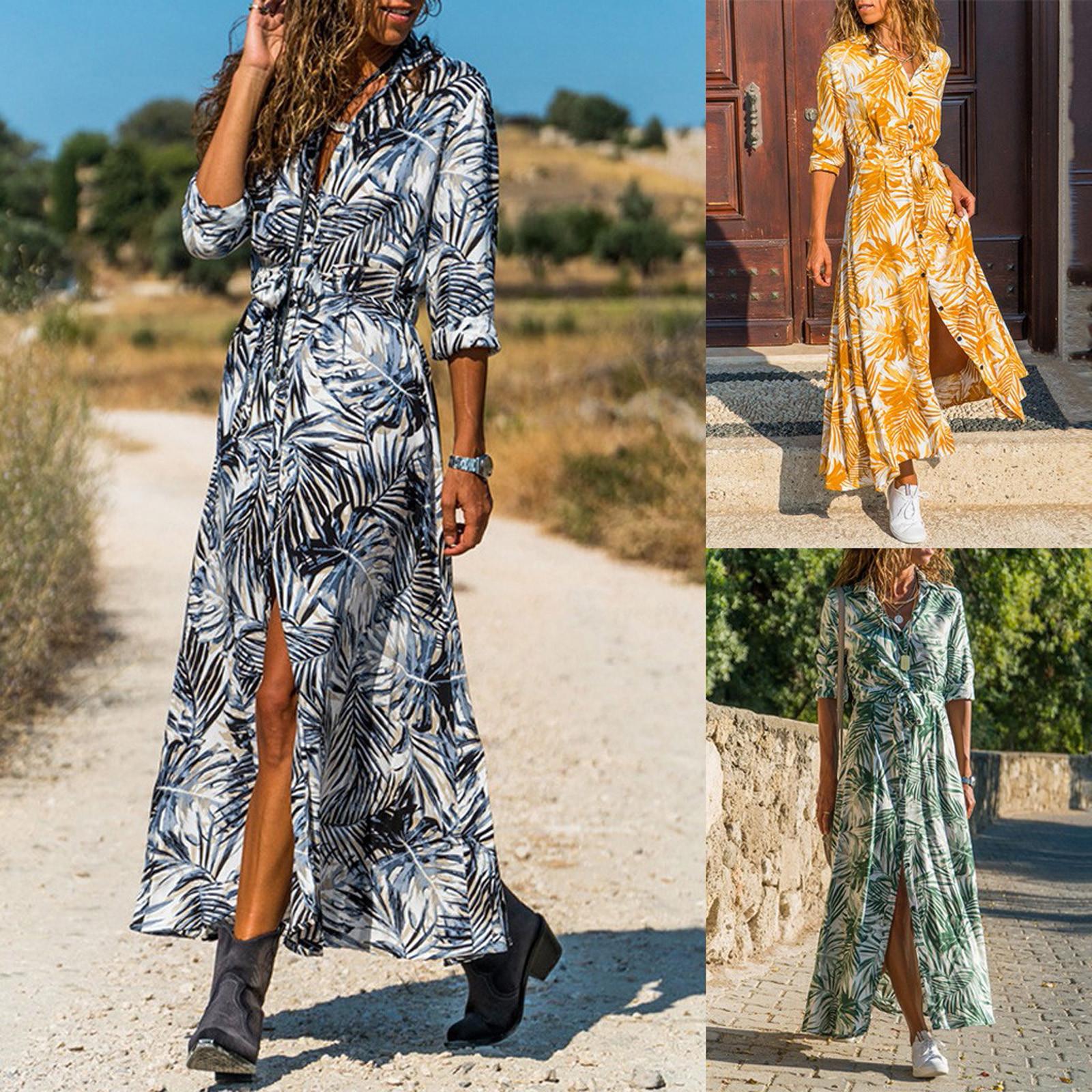 

Женское повседневное платье с длинными рукавами и принтом кленового листа на пуговицах и повязке на талии