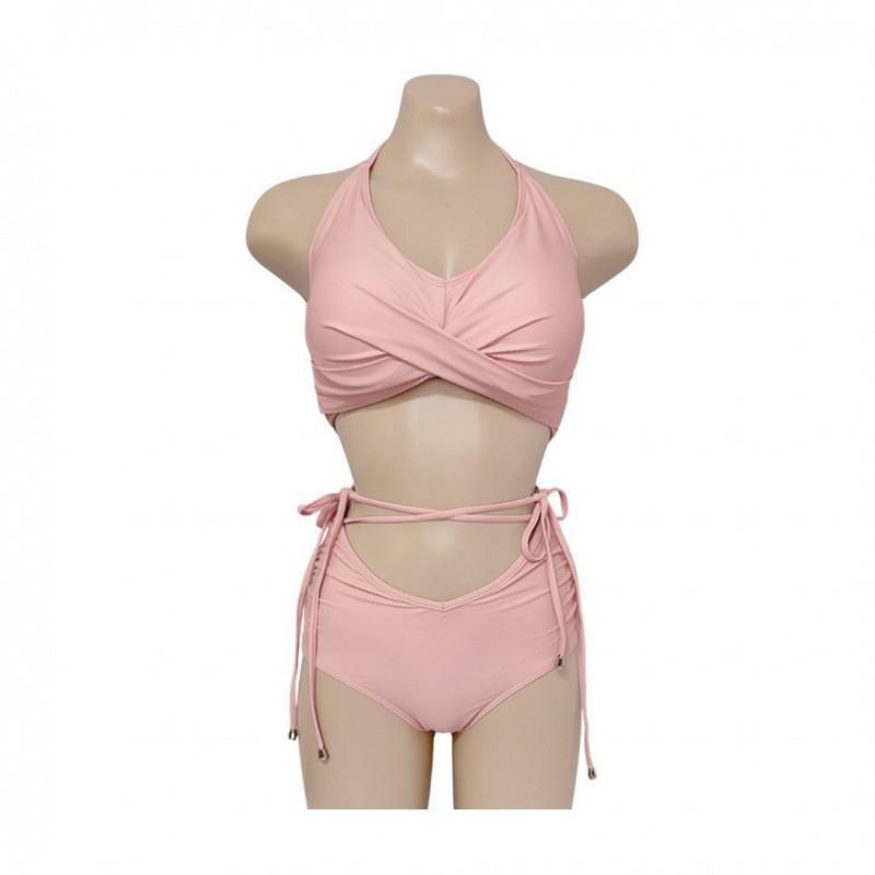

Swimwear Women s Split Solid Color Chest Hanging Neck Bikini Sexy Three-point Small Gathering Swimsuit L розовый
