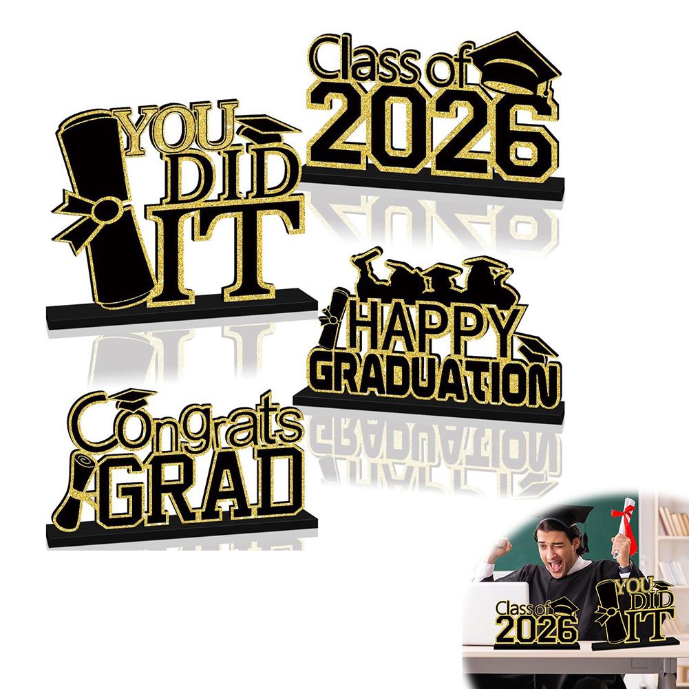 

Class Of 2026 Graduation Table Centerpieces 4Pcs Black Gold Glitter Wooden Congrats Grad Table Decor Graduation Party Desktop Or