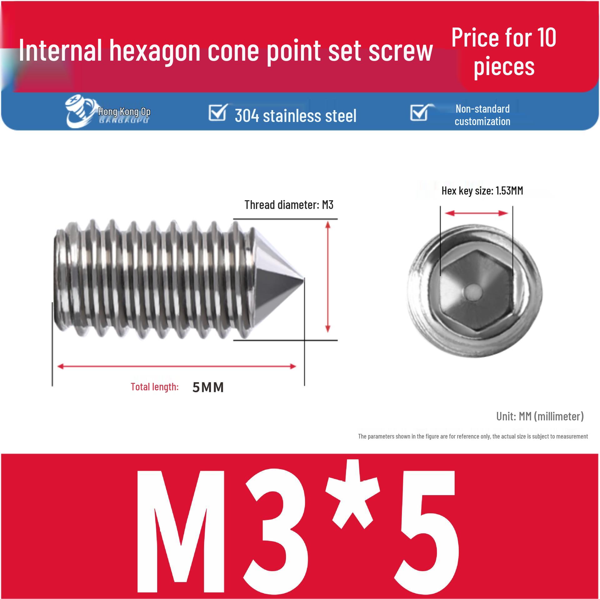 

304 Stainless Steel Pointed Hex Socket Set Screw (M2-M6)