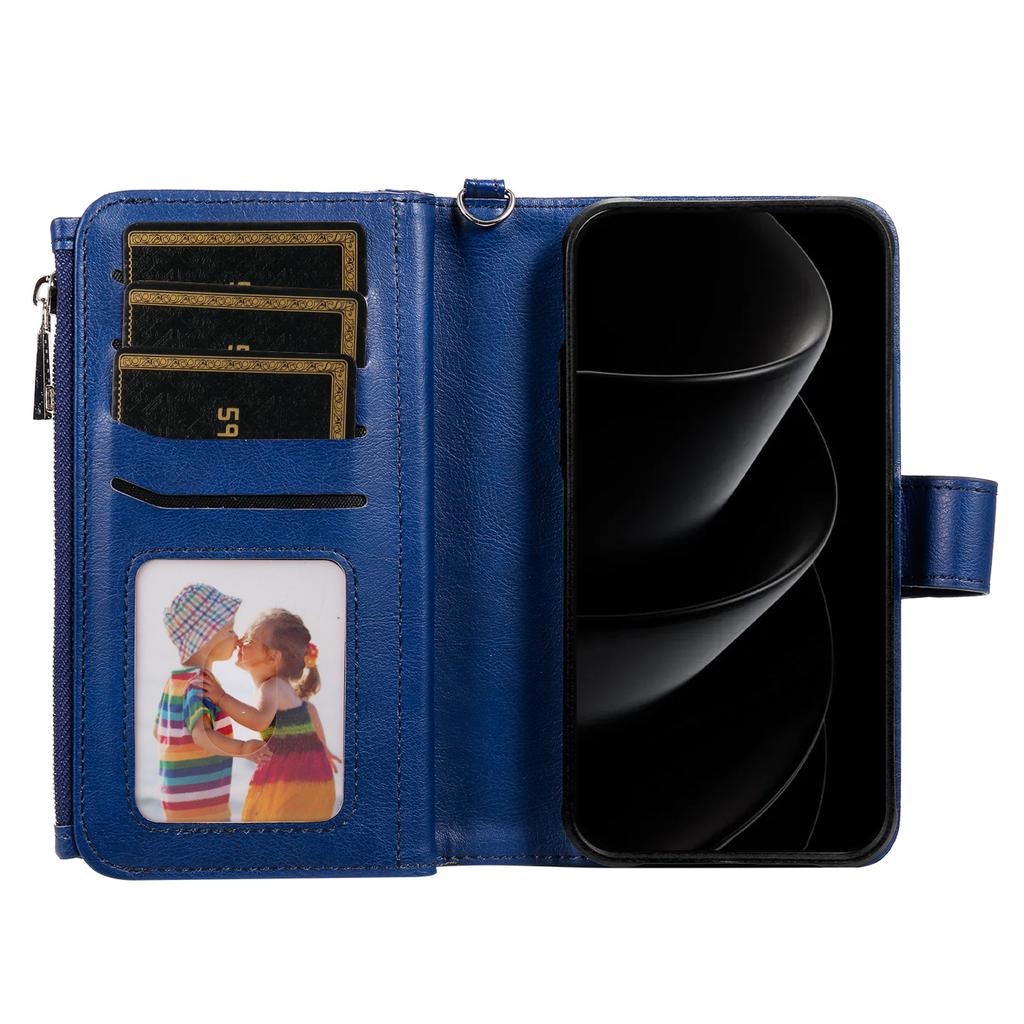 For iPhone 17 Pro Max Magnetic Leather Case Mobile Cover with Detachable Zipper Wallet Strap