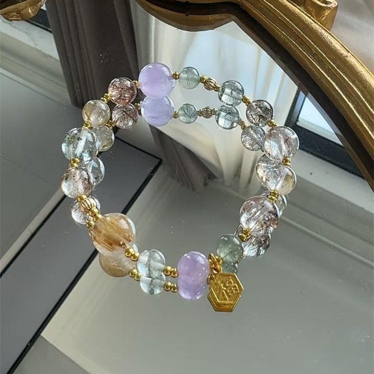 New Crystal Bracelet with Black Gold, Ultra-flexible Tiger Eye Stone, Golden Rutilated Quartz, Green Phantom Quartz, and Multi-gemstone Crystal