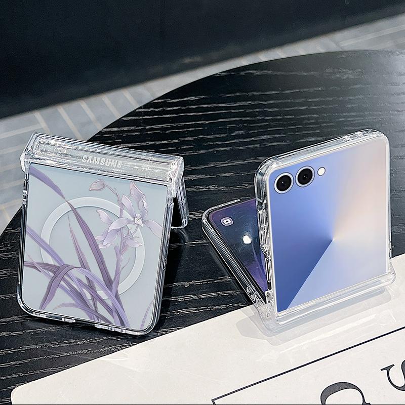 For Samsung Z Flip 7 6 5 4 Case Magnetic For Magsafe Blue and White Flowers Hinged Hard PC Folding Cover For Galaxy Z Flip7 Flip6 Flip5
