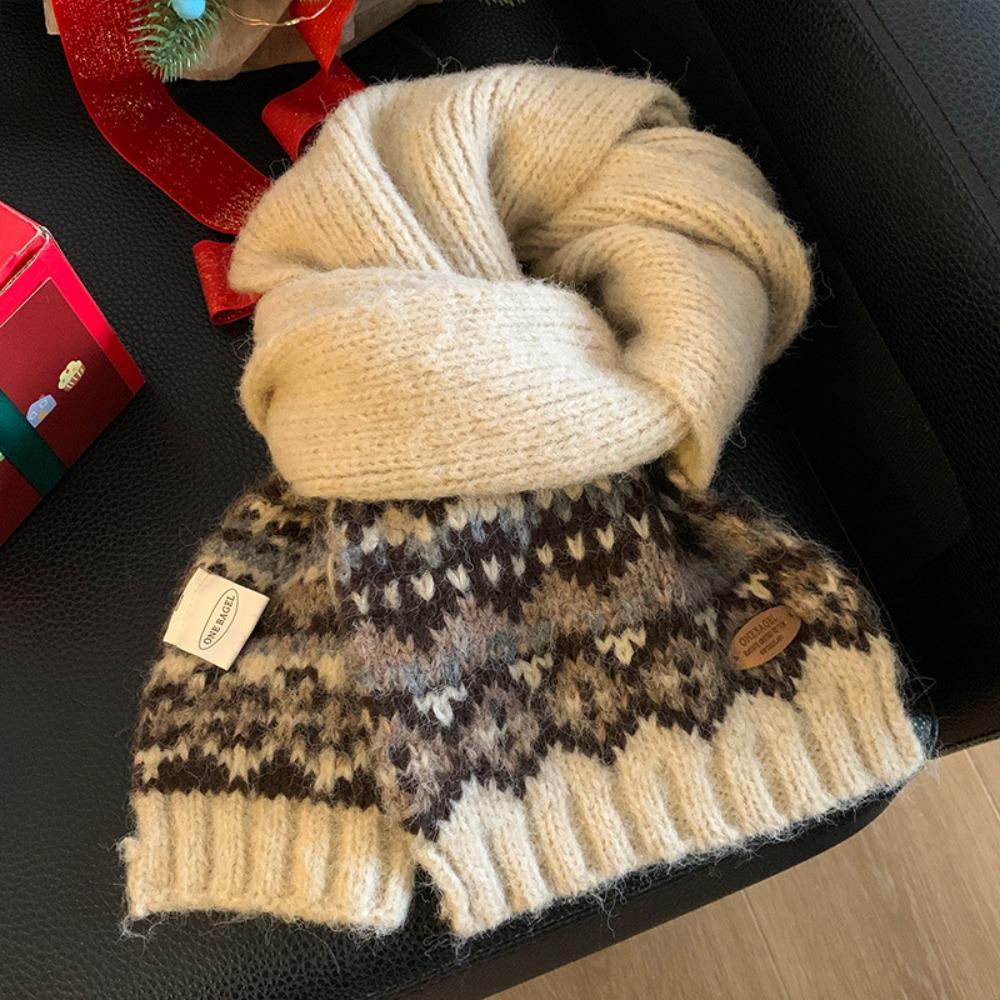 Thicken Winter Cashmere Scarves Wool Fair Isle Style Shawl Retro Jacquard Knitted Scarf  Women/Men бежевый