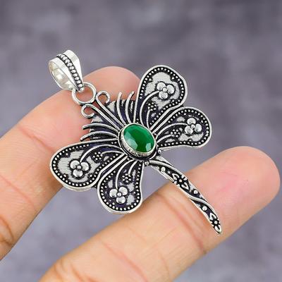 Natural Green Onyx Gemstone Handmade 925 Sterling Silver Pendant 2.21" N8M55