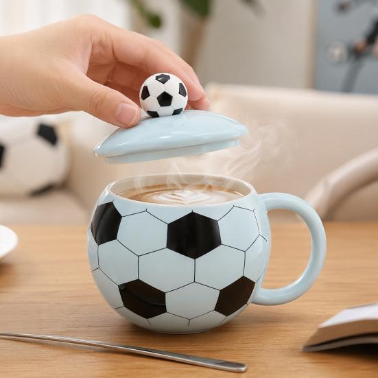 Soccer Ceramic Mug, 400ml Football Shaped Cup with Lid, Black White Hexagon Sports Drinkware for Home Office, Fan Gifts