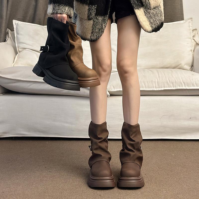 Brown Retro Maillard Platform Martin Boots Women's 2025 New Autumn Versatile Heightening Stacked Pants Tube Boots