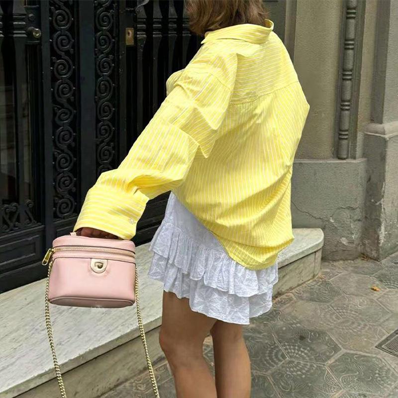 Women Casual Shirt spring Autumn Polo Neck yellow stripe button Long Sleeve Blouse harajuku women's oversized Cardigan Shirts