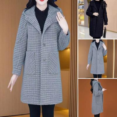 Damen-Wollmantel für Herbst und Winter mit Seitentaschen, Kapuze, einreihig, lockeres Karomuster, mittellang, dick, warm haltender Mantel für Pendeln, Dating, Reisen