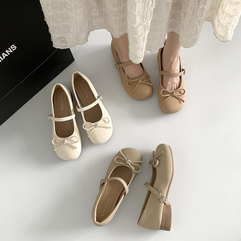 Gentle Round Head Bow Girly Feeling Small Low Heel Temperament Matching Skirt Shallow Mouth Mary Jane Small Leather Shoes Women