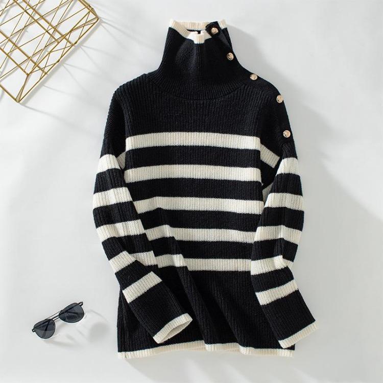 Свитер-пуловер оверсайз с высоким воротником в рубчик с длинным рукавом свободный полосатый топ для женщин на осень-зиму XL чёрный 3290₽