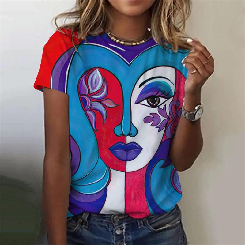 Classic Girls Face Painting 3D Graphic Tee Fashion Floral Print T Shirts For Woman Girl Street Harajuku Colorful Tshirt Tops