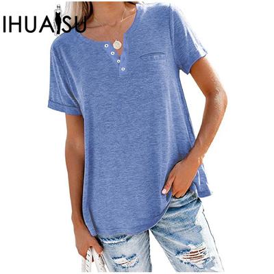 Spring Summer Top V-neck Short Sleeve Pocket Loose T-shirt Women