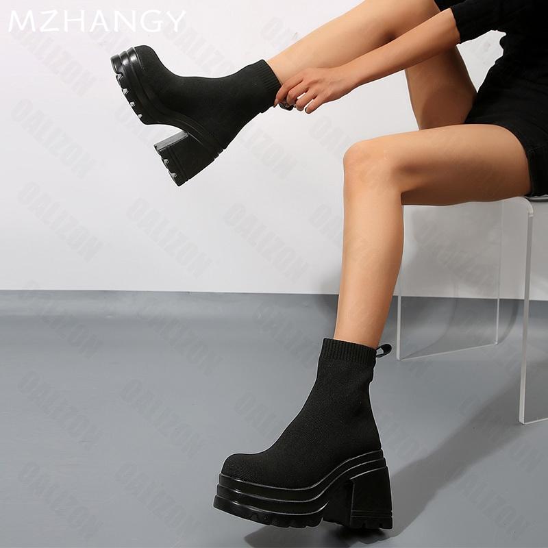 Mode Damen Plateau Stiefeletten Hohe Absätze Mode Sockenstiefel Strickschuhe 2025 Trend Winter Pumps Chelsea Boots Neu Mujer Botas
