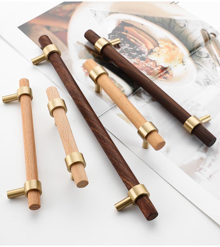 Nordic Gold Minimalist Beech Wood Cabinet Door Handle with Long Brass Pull Natural Wood Style for Wardrobe or Drawer