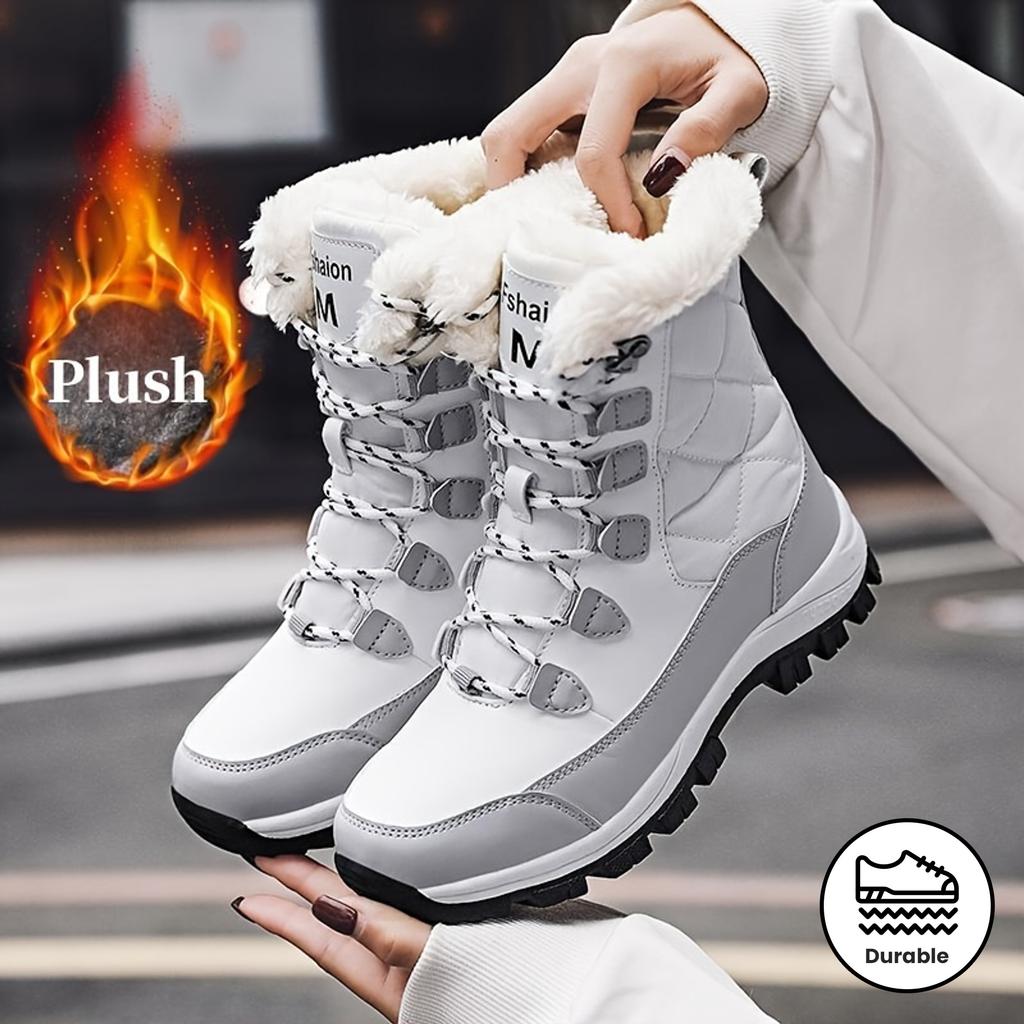 Women's High-Top Snow Boots, Solid Color, Round Toe, Warm Plush Lining, Anti-Slip Rubber Sole, Durable Fabric Insole, Man-Made Upper - Casual Footwear