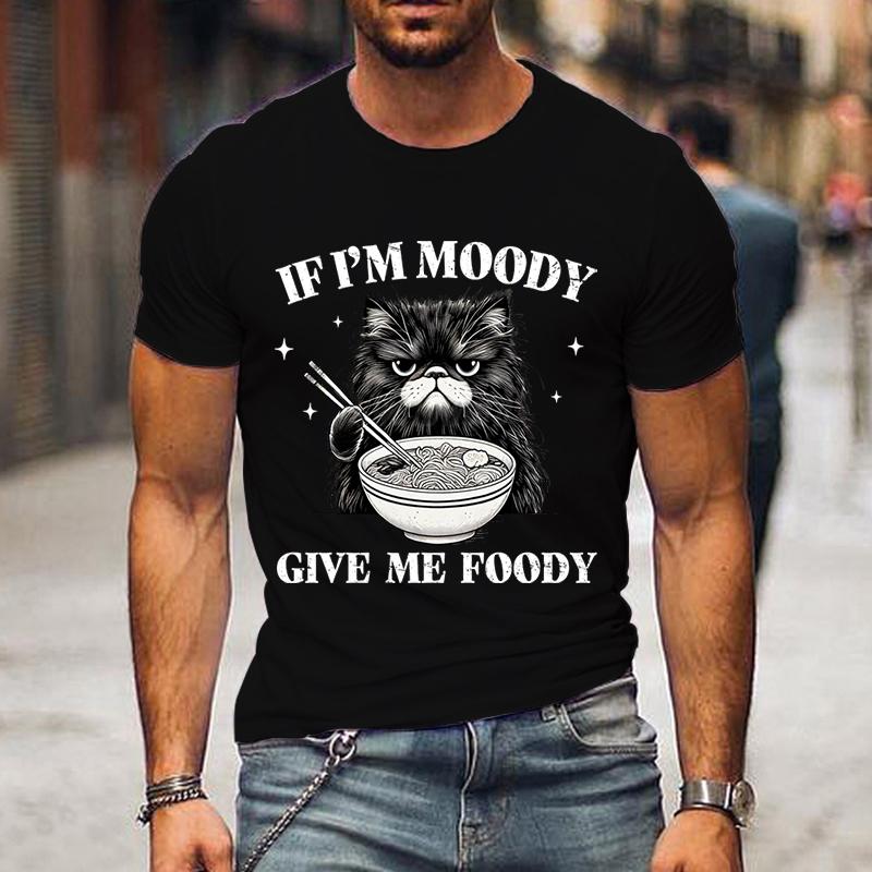 

Футболки с графикой «Рамен Черный кот» Если у меня плохое настроение, дайте мне еды Смешные мужские футболки с коротким рукавом Одежда Хип-хоп Уличная одежда S