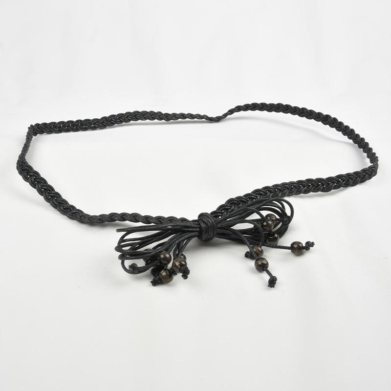 

Женский тонкий плетеный пояс из вощеного шнура, ретро этнический, декоративный богемный пояс для юбки в пасторальном стиле чёрный