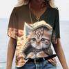 Fashion Women's T-shirt Cat Printed Short Sleeve Tees Ladies T Shirt Oversized V-neck Tops Animal Women Clothing Shirt