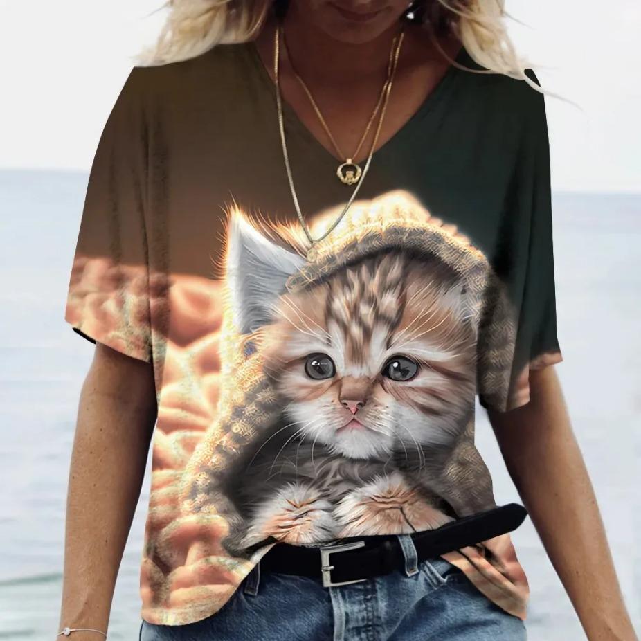 Fashion Women's T-shirt Cat Printed Short Sleeve Tees Ladies T Shirt Oversized V-neck Tops Animal Women Clothing Shirt