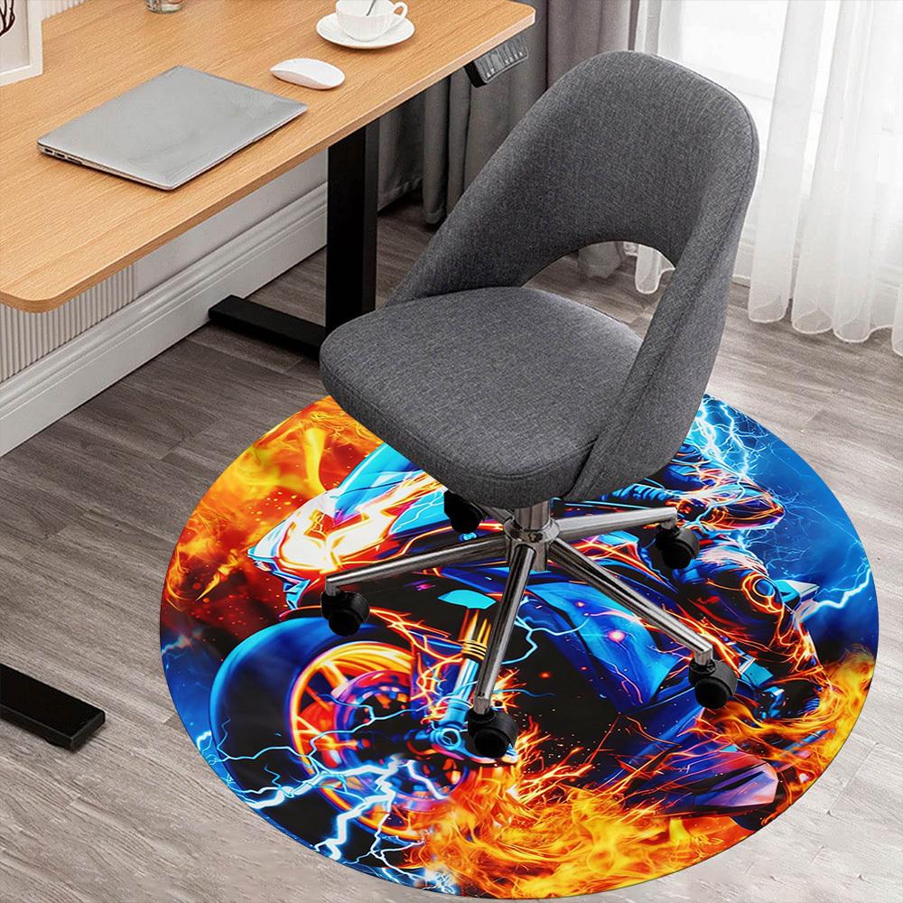 1PC Motorcycle Fire Round Chair mat Area Rug - Non-Slip, Floor Mat for Office, Bedroom, and Indoor Decor -Gift D1127229